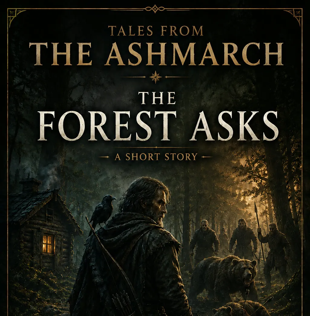 The Forest Asks cover art: a hooded woodsman with a crow on his shoulder, a bear beside him in the forest
