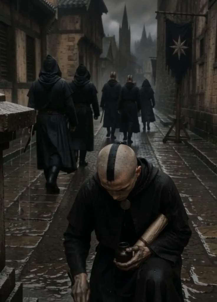 The Initiate, head bowed, holding a small pot