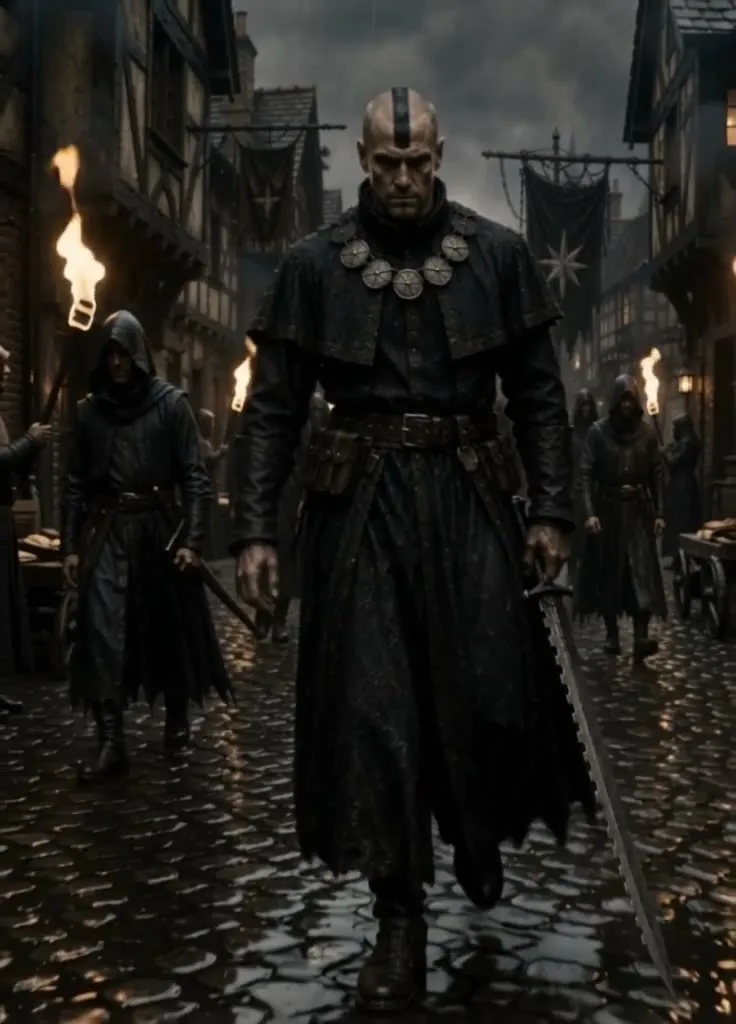 The Inquisitor walking a wet street, serrated blade in hand