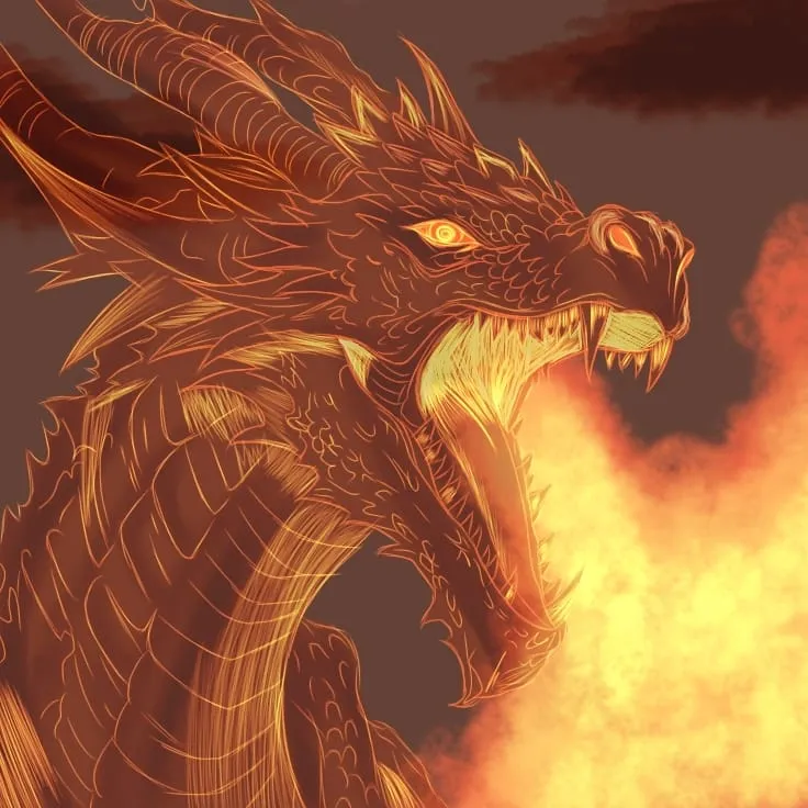 A horned dragon’s head and neck in fiery orange, jaws wide, breathing a billow of flame against a smoky sky.