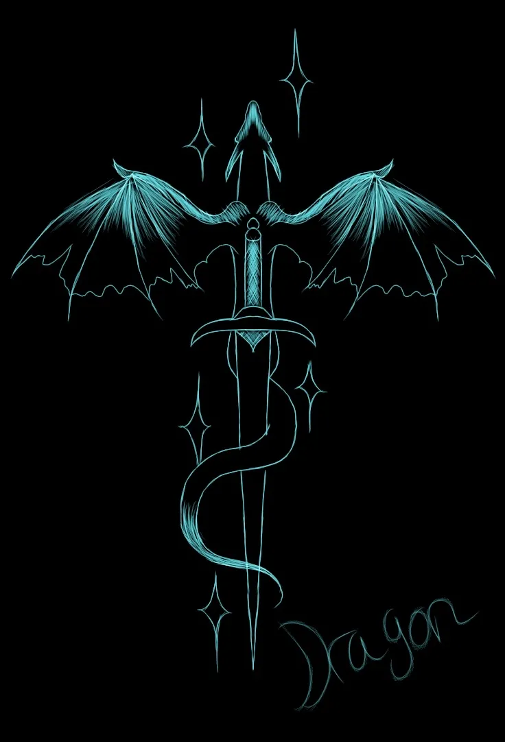 A teal line drawing on black of a winged dragon coiled around a downward-pointing sword, with four-pointed stars around it, signed “Dragon”.