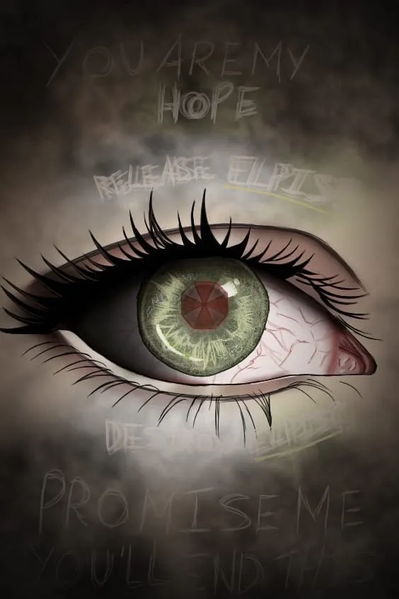 A close-up of a single bloodshot green eye with the red and white Umbrella emblem in its iris, wreathed in grey smoke and faint scrawled words: “You are my hope”, “Release Elpis”, “Promise me you’ll end this”.