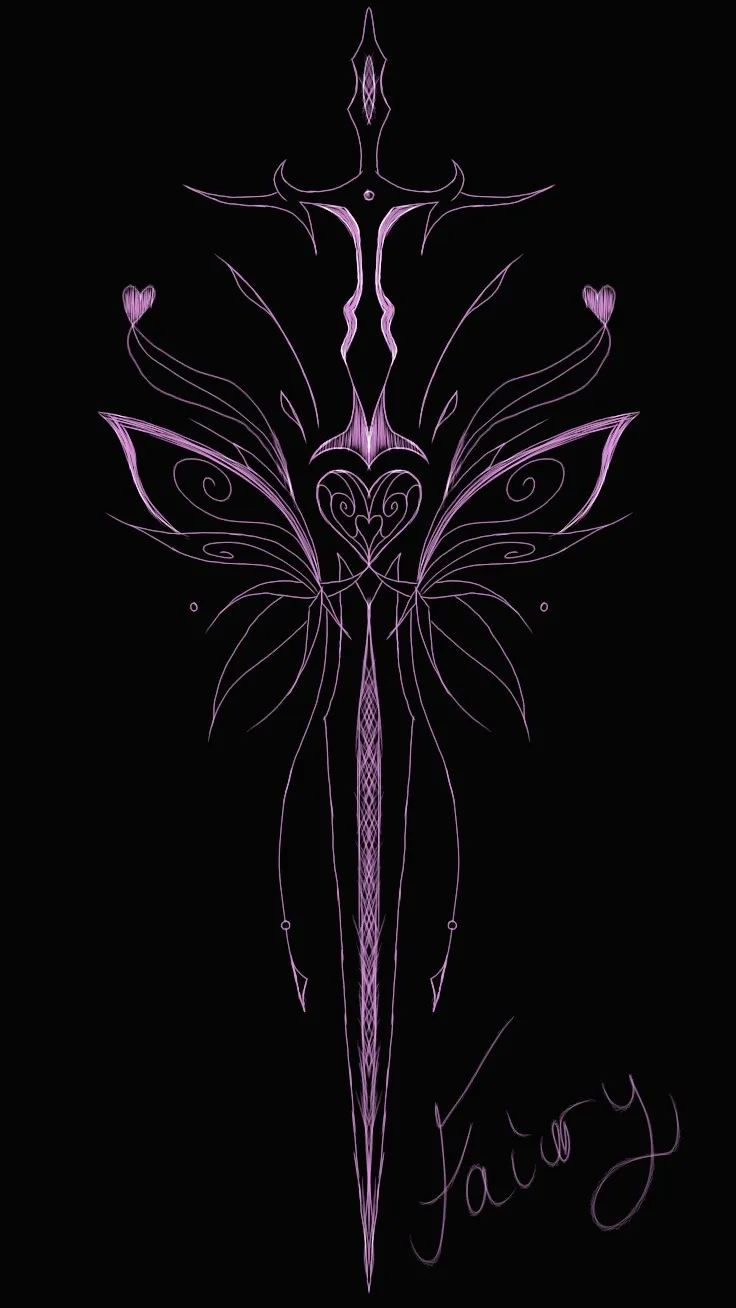 A violet line drawing on black of a long sword whose guard opens into fairy wings and curling tendrils, with a heart at its centre, signed “Fairy”.