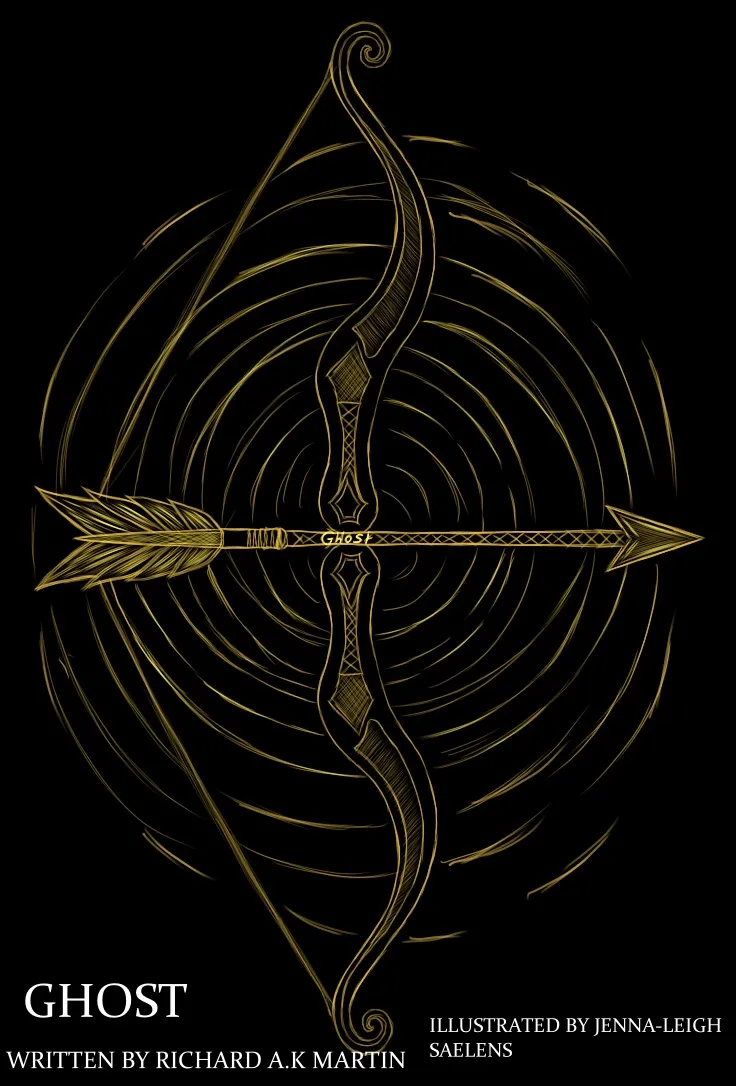 A cover for Ghost: a gold recurve bow and arrow drawn in fine lines over gold rings on black, lettered “Ghost, written by Richard A.K Martin, illustrated by Jenna-Leigh Saelens”.