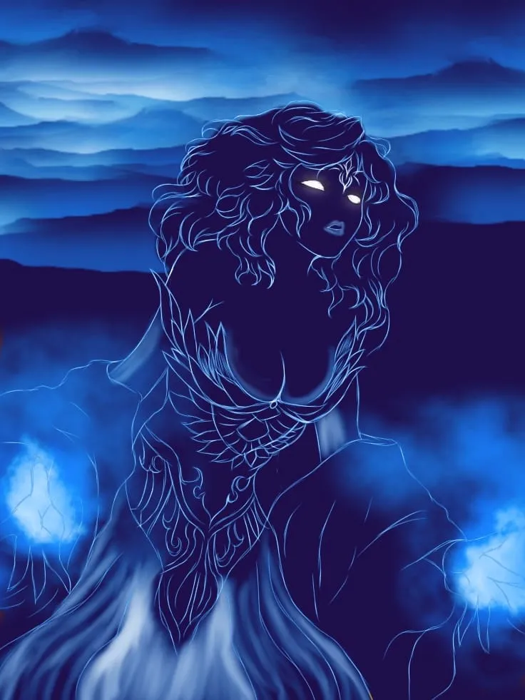 A goddess drawn in glowing blue lines, with wild curling hair and white eyes, rising from mist between two orbs of blue light, mountains behind her.
