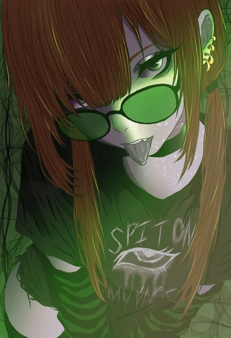 An anime-style girl with long auburn hair and round green sunglasses, sticking her tongue out, washed in green light, her T-shirt lettered “Spit on”.