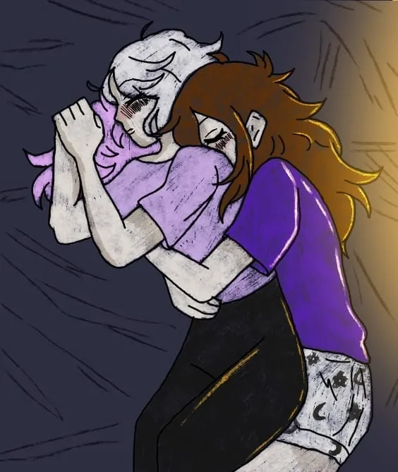 Two girls asleep in an embrace on a dark blue bed, one with white hair, one with long brown hair, both in purple T-shirts, lit warmly from one side.