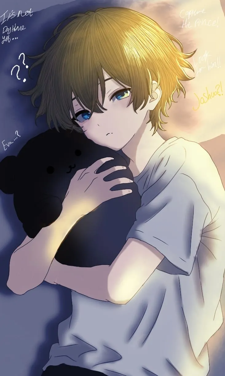 An anime-style boy with tousled golden hair and blue eyes lying on his side, hugging a black teddy bear, with small handwritten notes and question marks around him.