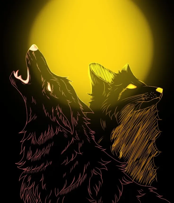 Two wolves drawn in fine dark lines against a huge yellow moon, one howling with its head thrown back, the other gazing up with glowing gold eyes.
