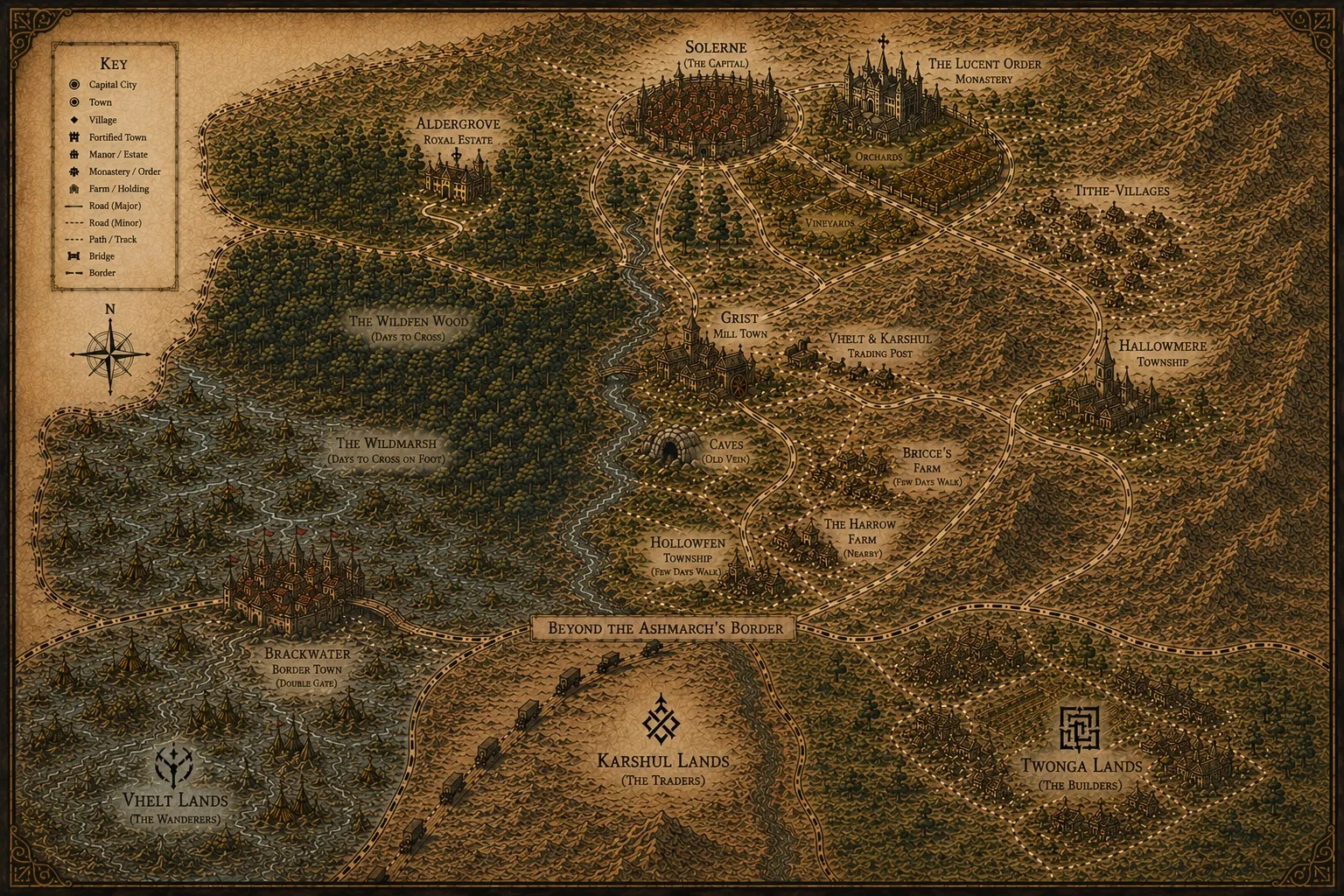 The painted map of the Ashmarch, from Solerne and the Lucent Order's monastery in the north to the clan lands beyond the southern border