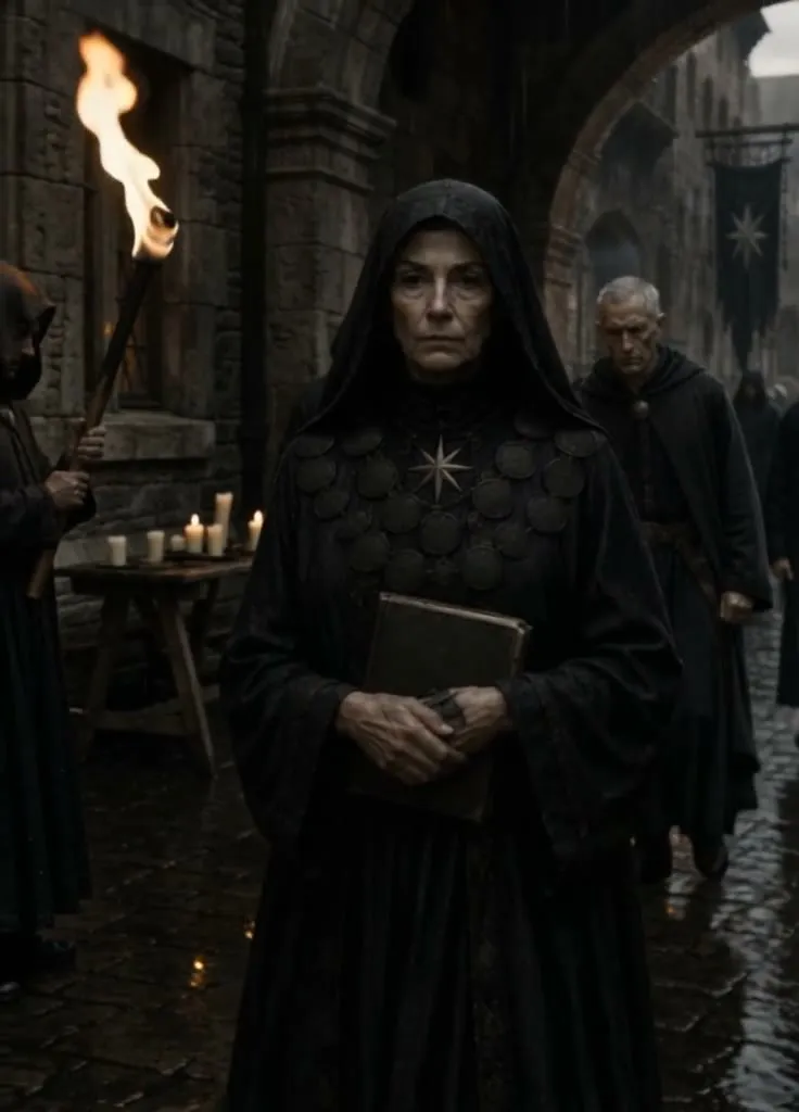 A Mother of the Lucent Order in a floor-length black habit