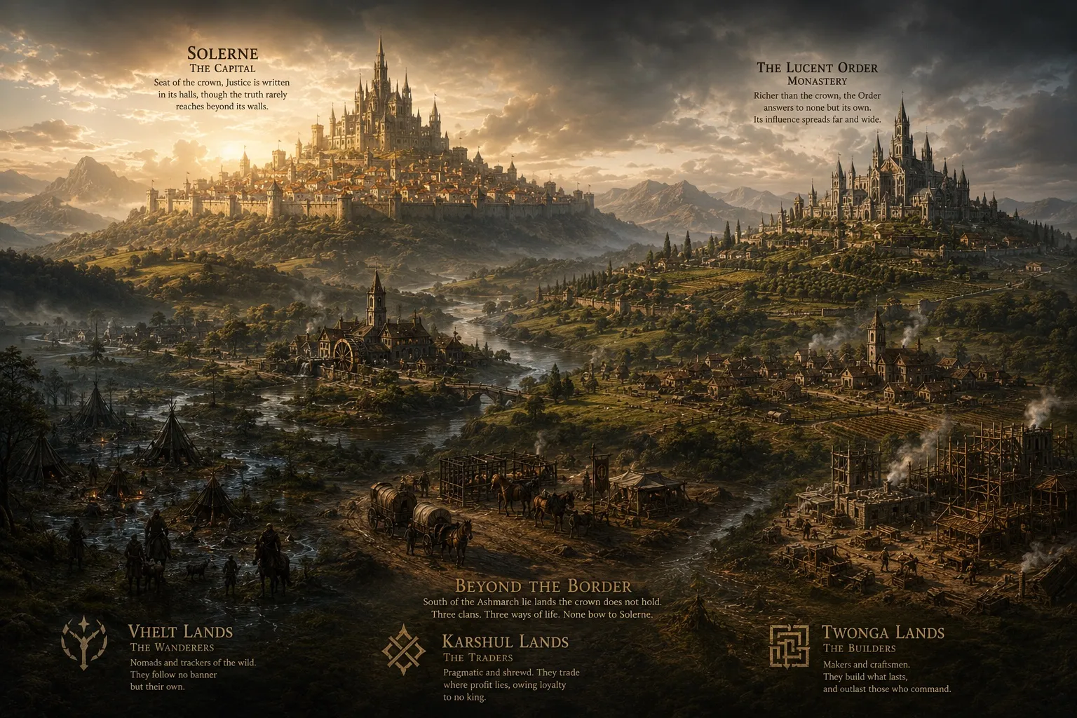 A painted panorama of the Ashmarch with Solerne, the monastery and the clan lands